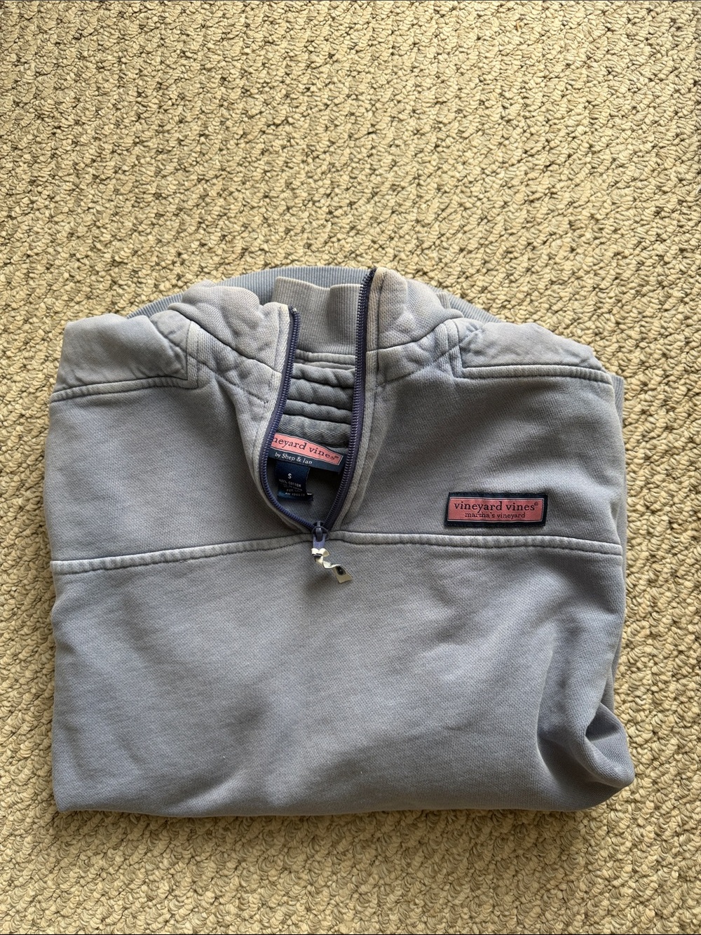 Vineyard Vines Men’s Blue Gray Quarter-Zip Pullover with Pink Logo
